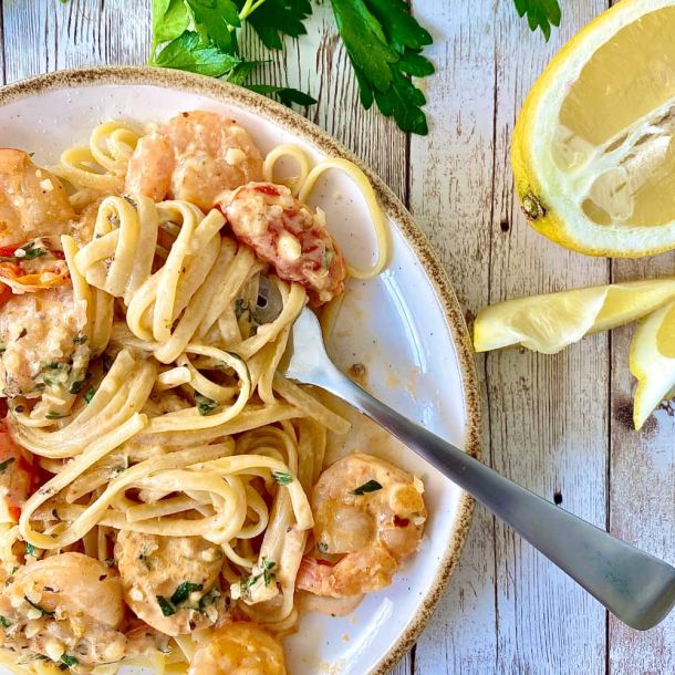 Catering shrimp pasta dish